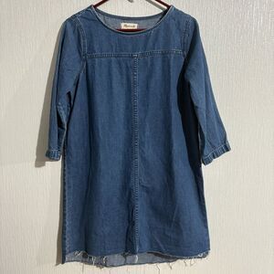 Madewell Step Hem Short Denim Dress Cotton Linen 3/4 Sleeve Raw Boho Western S